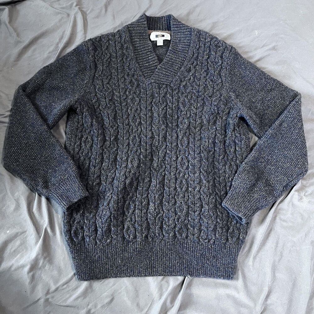 Joseph Abboud Sweater Mens XL Gray Cable Knit V Neck Pullover Warm Heavyweight